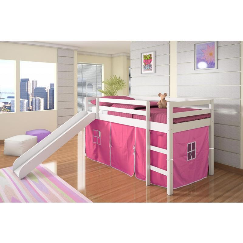 tent loft bed Donco Kids Low Loft Bed with Slide and Pink Tent, Twin, White