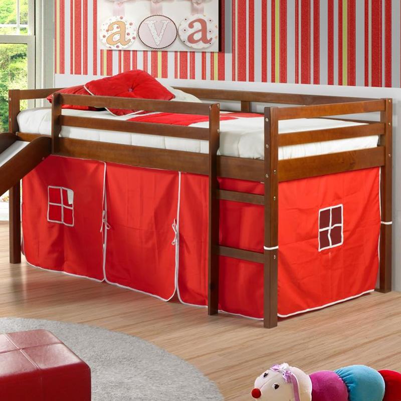 tent loft Donco Kids Tent Twin Low Espresso Low Loft Bed with Slide & Red Tent