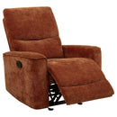  Coaster Furniture Navarro 609576 Chenille Upholstered Glider Recliner - Burnt Orange IMAGE 1